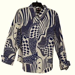 Redd Jeans Abstract Top Blue & White Polka Dot Sz 10